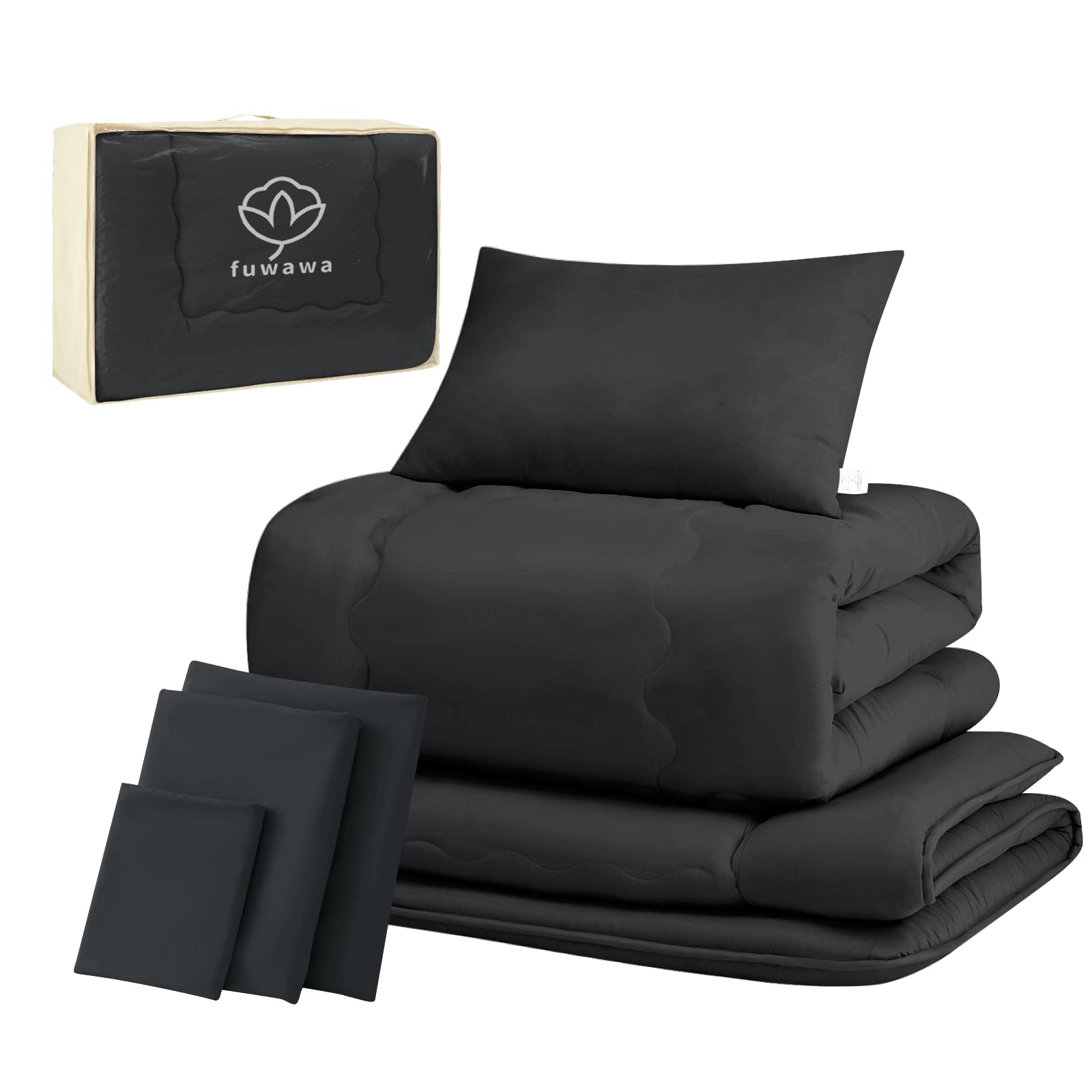 fuwawa 布団セット シングル 布団7点セット SEK認証 防臭 寝具セット【ボリューム増量 中綿1.6kg 掛け布団】 【高密度固綿入り三層 敷布団】 枕 洗える 布団カバー3点 来客用布団セット 収納ケース付き 組布団 ホコリが出にくい ふとんセット ピーチスキン加工 一年中使える ブラック商品画像