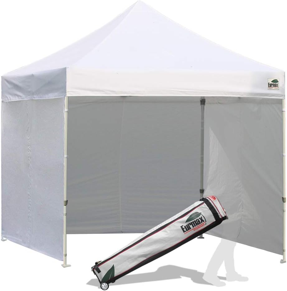 Eurmax 8x8 Feet Ez Pop up Canopy Tent, Pop-up Instant Tent, Outdoor Canopies Commercial Gazebo with Sidewalls Bonus Roller Bag (White)
