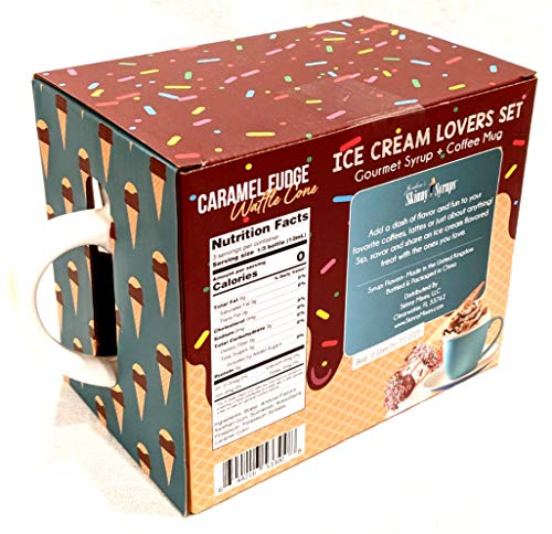 Sugar Free Caramel Fudge Waffle Cone Gourmet Syrup with Coffee Mug Ice Cream Lovers Christmas Holiday Gift Set 40 ml Bottle with 0 Calories, 0 Sugar, 0 Carbs