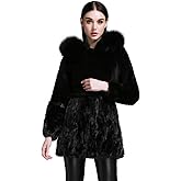 Women's Real Rex Rabbit Fluffy Coat Mink Fur Cuffs and Hem with Fox Fur Trim Hood Winter Overcoat Long Jacket