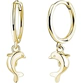 Dainty Shell Dangle Hoop Earrings for Women, Small Huggie Hoops with Charm Dolphin Conch Seashell, Hypoallergenic Summer Beach Jewelry for Her