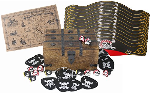 WellPackBox Pirate Birthday Party Supplies Wood Treasure Chest, Hats, Eye Patches, Rings and Treasure Map (Wood Chest)
