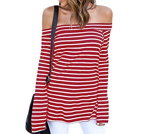 Womens Sexy Off The Shoulder Tops Long Sleeve Shirts Striped Juniors Casual Tops RedStripes M