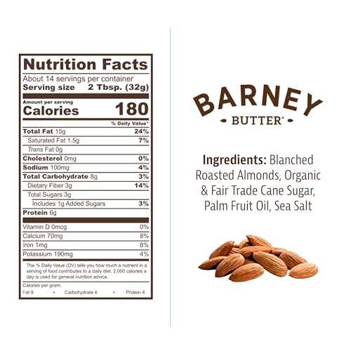 BARNEY BUTTER ALMOND BUTTER, SMOOTH, 16 OUNCE JAR, SKIN-FREE ALMONDS, NO STIR, NON-GMO, GLUTEN FREE, KETO, PALEO, VEGAN