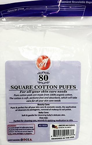 JMD StarPacks 3-Pack 80 Square Cotton Puffs for Skin Care &amp; Cosmetics - 100% Organic Square Cotton - Perfume Free, Chlorine Free, Hypoallergenic, Naturally Absorbent