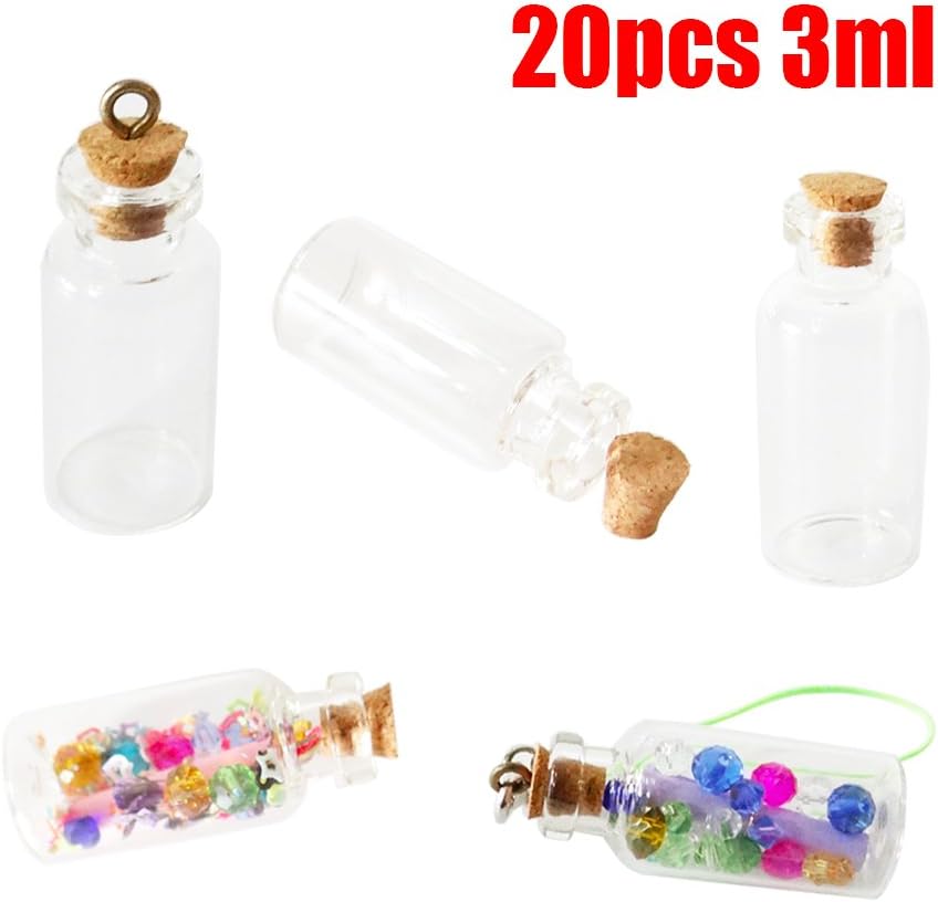 GreatforU 20pcs 3ml Extra Mini Glass Jars Tiny Bottles With Cork Stopper, Free 40x Colorful Artificial Beads, 20x 10mm Eye Screws + Lobster Clasp, For DIY, Art & Crafts, Decoration, Party Favors