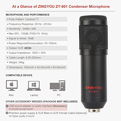 ZINGYOU ZY-801 Professional Studio Microphone, Desktop Computer Cardioid Condenser Mic with Tripod for PC Recording, Broadcasting (Black)