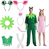 8 Pcs Frog and Pig Costume including Male Frog Headband Scarf Green gloves and Female Pig Headband Bow Tie Tail Pearl Necklace White Gloves for Halloween Cosplay