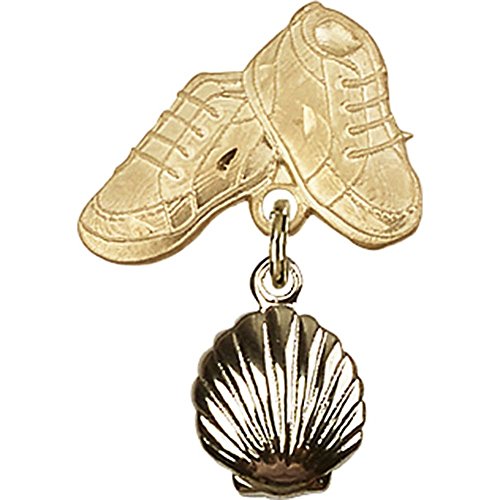14kt Yellow Gold Baby Badge with Shell Charm and Baby Boots Pin 1 X 5/8 inches