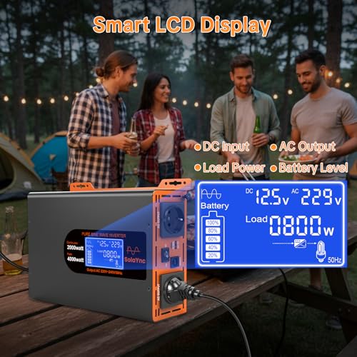SolaYnc 2000W/4000W 12V 220V/230V Pure Sine Inverter DC AC Sine Wave Inverter, with LCD Display, Remote Control, 2 EU AC Sockets, Type-C 30W Interface and USB Port, for Cars, Boats, Trucks