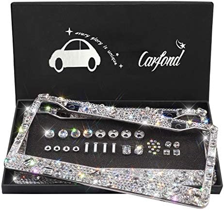 Carfond Luxury 2 Pack for Front Rear License Plate 14 Facets SS20 Premium Glass Crystal Diamond Stainless Steel License Plate Frame Bonus Matching Screws Caps (Luxury Crystal)