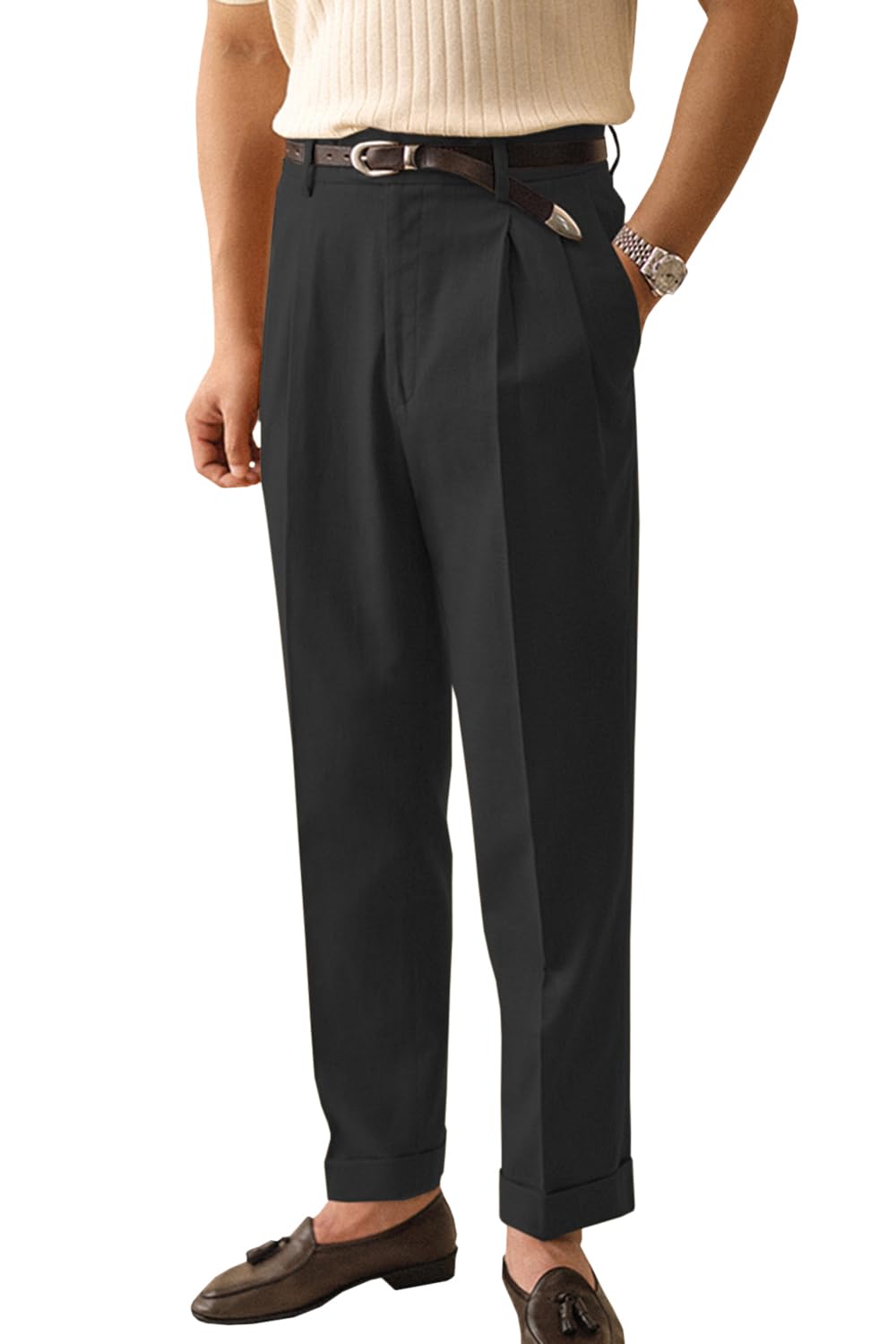 Photo 1 of Men's Linen Dress Pants Vintage Relaxed Fit Straight Legs Business Formal Slacks Pants?Black30W32L?