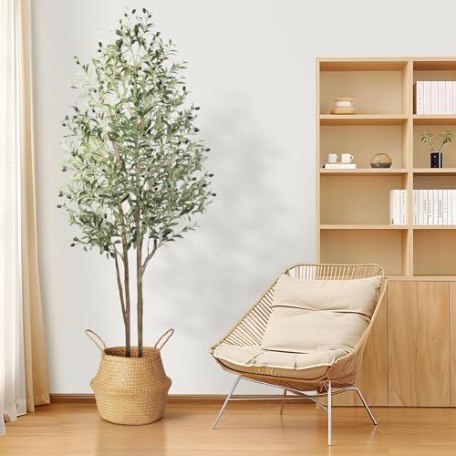 Alupssuc Olive Trees Artificial Indoor, 6FT Tall Faux Olive Tree, Artificial Plants with Natural Wood Trunk and Lifelike Fruits for Home Office Decor