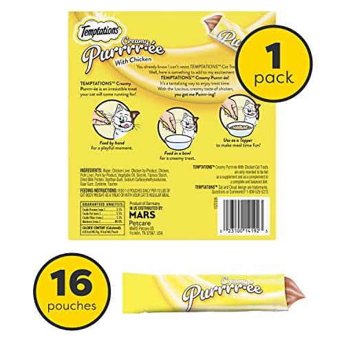 TEMPTATIONS CREAMY PUREE WITH CHICKEN LICKABLE, SQUEEZABLE CAT TREATS, 0.42 OZ POUCHES, 16 COUNT (PACK OF 1)