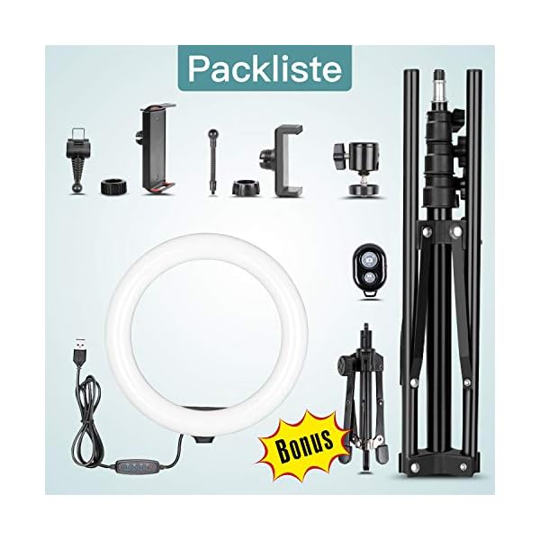 LED Ringlicht mit Stativ Handy, 10" Selfie Ringleuchte mit Fernbedienung und Doppel Handyhalter mit 3 Farbe&10 Helligkeitsstufen für YouTube TikTok Fotografie Live-Streaming [Tischstativ inklusive] – Bild 8
