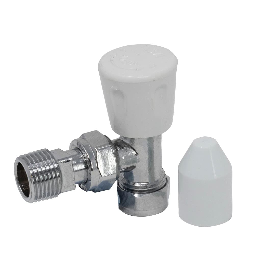 Pipestation 15mm Angled Radiator Valve with Lockshield & Wheelhead for Radiators 1/2" Standard Thread - Radiator Valves 15mm Chrome Finish & White Wheel Head - Tight Shut-Off Compression Connection