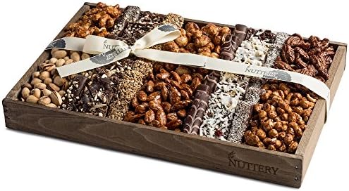 Dark Chocolates and Roasted Salted Sweet and Glazed Nuts Platter Displayed in a Reusable Medium Size Wooden Gift Tray Includes Fine Covered Chocolate Bark and Healthy Nuts Snacks.