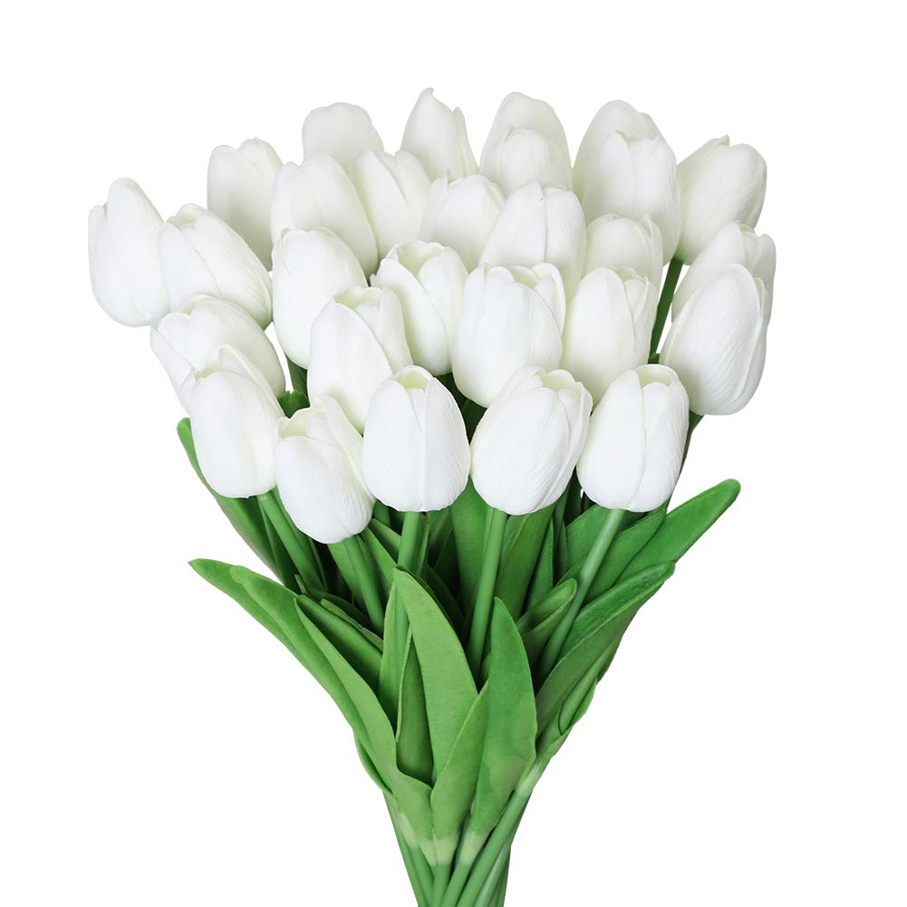 Kisflower 30Pcs Artificial Latex Tulip Flowers Fake Tulips Bouquet Real Touch Flowers for Decor (White)