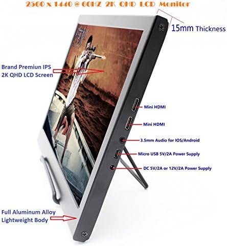 13.3 Inch IPS 2560x1440 QHD Portable 2K LCD Monitor with Mini HDMI x 2 / Audio/Micro USB Ports, DC Micro USB 5V 2A Power Supply, for Display of Game, Car Video, Industrial and Medical Display etc.