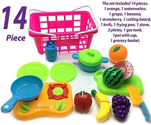 CAFOLO Pretend Cooking Cutting Play Vegetable and Fruit Toys Set,Includes Quality Plastic Toy Fruit Play Food, with Knife, Mini Kitchen Stove Kids Dishes, Toy Grocery Basket