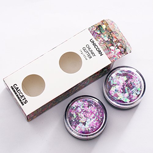 Unicorn Iridescent Chunky Glitter Cosmetic Body Face Hair Eye Nail Glitter Musical Festival Carnival Dance Halloween Party Beauty Makeup DIY Deco 8 Sizes&Shapes 2 Pots (0.5 oz/15g) by GADGETS ENTREPOT