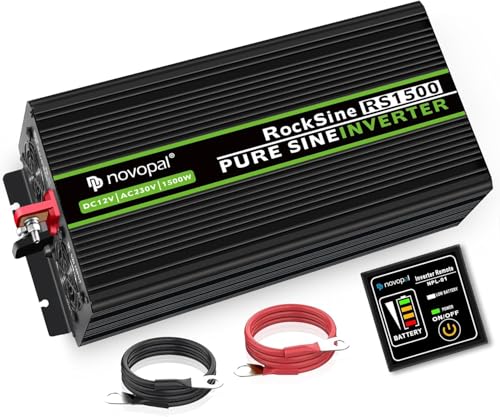 Novopal Power Inverter Pure Sine Wave 1500 W 3000 W Power Transformer Converter DC 12 V to AC 220 V 230 V Voltage Inverter, 2 EU Socket with USB Output 5 M Remote Control