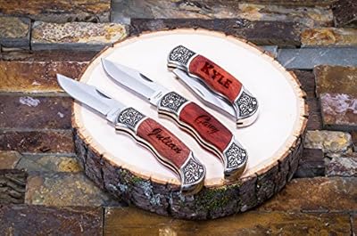 Custom Pocket Knives- Engraved Groomsmen Gift Groomsman Personalized Knife Husband Hunting Man Mens Boyfriend Wedding Gifts Folding Blade Rustic Buck Knifes Locks When Open