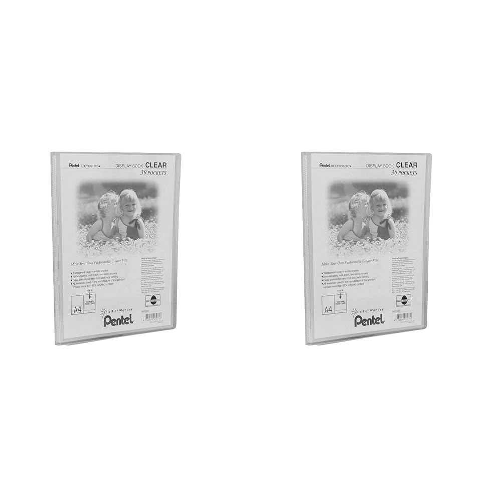 Pentel Display Book Clear, 30 Pockets, Transparent, 1 A4 Folder DCF243T (Pack of 2)