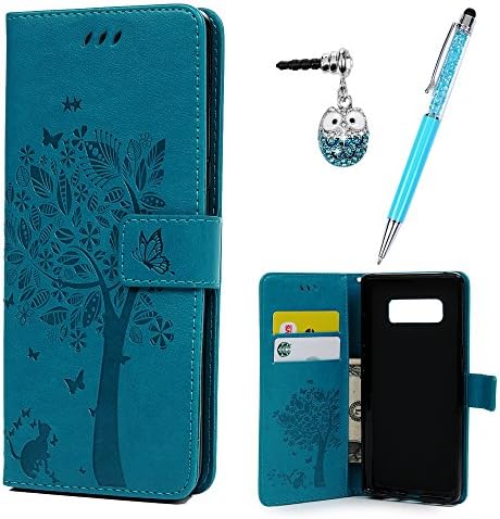 for Samsung Galaxy Note 8 Case Wallet, Galaxy Note 8 3D Embossed Cute Tree Butterfly Cat PU Leather Wallet Case with Kickstand Card Slots Soft TPU Inner Bumper Shell Magnetic Flip Cover - Blue