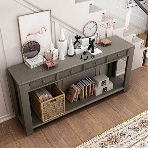 Rhomtree 64" Rustic Console Table for Entryway Wood Sofa Side Table with Drawer and Shelf Storage for Hallway Accent Occasional Table Home Living Room Furniture (Grey)