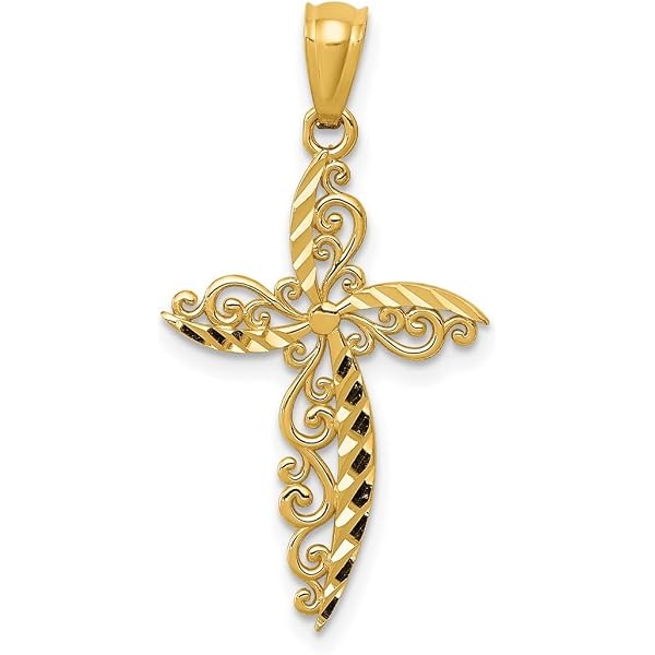 14k Yellow Gold Solid Polished Scroll Cross Pendant, 21x14mm - Does Not Include Chain - View #5