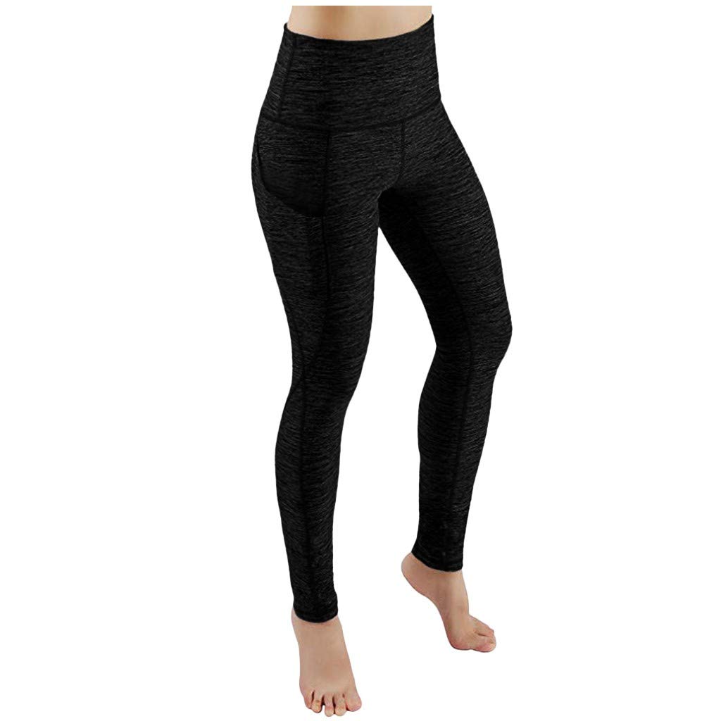 Smemek Leggings de Sport Femmes Pantalon de Yoga Leggings avec Poches Yoga Fitness Gym Pantalons de Sport Taille Haute (S, Noir-B)