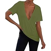 Womens Sexy Deep V Neck T Shirts Summer Oversized Short Sleeve Tee Tops