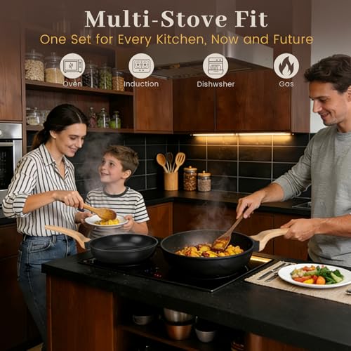 Colourcoco Pots and Pans Sets - 21 Pieces Non Stick Granite Coating Pans with Handles & Lids, Induction-Compatible Cooking Set with Utensils, Pads and Stockpot, Oven Safe