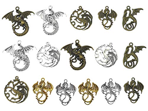 Kinteshun Flying Dragon Charm,Tarrasque Infernal Demon Fire Dragon Totem Charm Pendant Bead Connector for DIY Jewelry Making Findings(16pcs,Silver Bronze and Gold Tones)