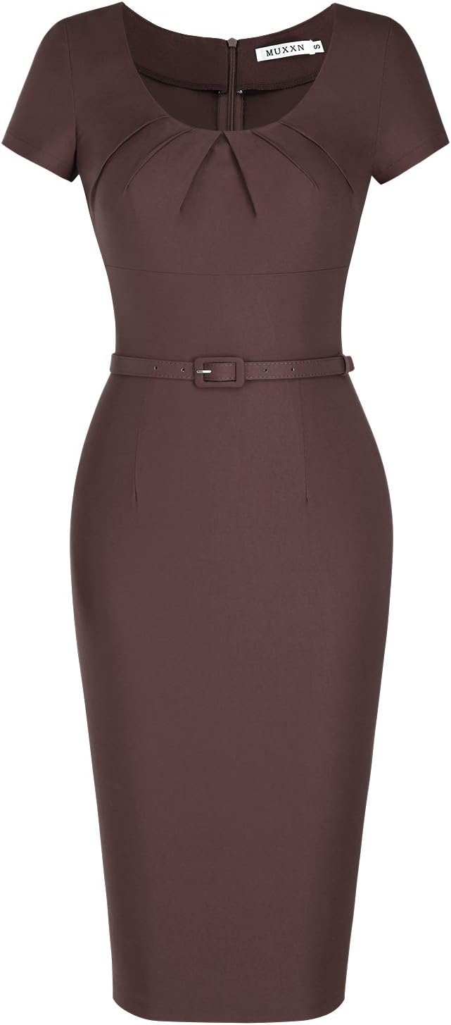 Women's 1950s Vintage Short Sleeve Midi Slim Work Office Business Cocktail Party Pencil Dress with Belt