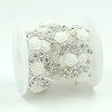 Seasofbeauty Craft Braided Beaded Fake Pearls Rhinestones Lace Ribbon Trim White flower 1 Yard