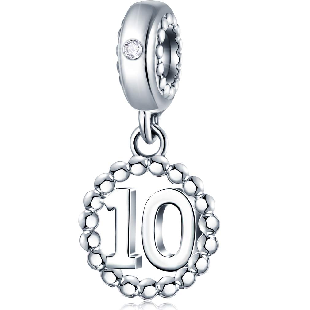 10 Number Bracelet Charms 925 Sterling Silver Pendant Beads Fit Pandora Charm Bracelets, Necklace, and European Snake Chain, Dangle for Happy Birthday 10th Anniversary 10 Years