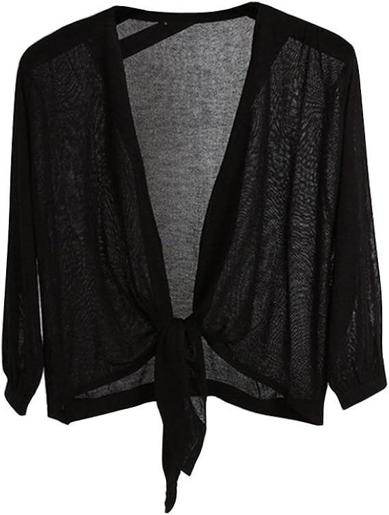 Womens Casual Tie Knot Cardigan 3/4 Sleeve Open Front Lightweight Short