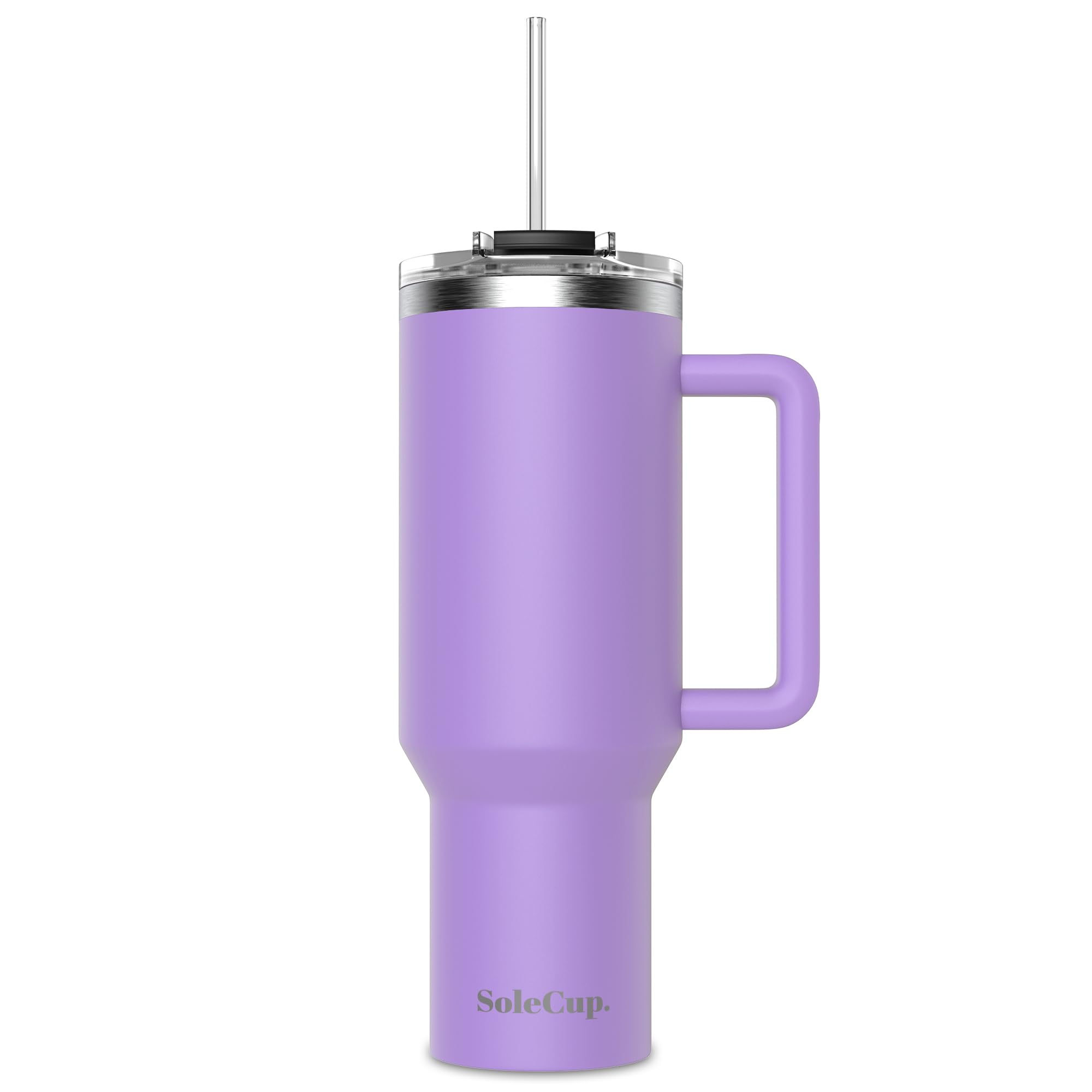 SoleCup. 40oz Travel Mug with Handle, Lid and Two Straws, Drinks Stay Hot for 8 Hours, Cold for 24 Hours, Double Wall Vacuum Insulated Stainless Steel Tumbler… (Violet, 40oz)