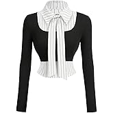 MakeMeChic Women's Striped Button Front Blouse Long Sleeve Work Crop Tops with Tie