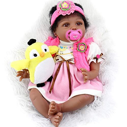 Aori Lifelike Reborn Baby Dolls 22 Inch African American Soft Body Realistic Girl Doll with Bird Gift Set