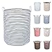 DOKEHOM 17.7-Inches Freestanding Laundry Basket with Lid, Collapsible Large Round Drawstring Clothes Hamper Storage with Leathe Handle (Blue Strips, M)