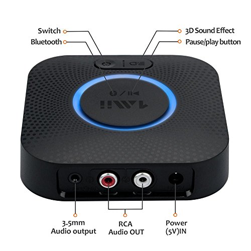 Bluetooth Receiver, Hi-Fi Wireless Audio Adapter, 1Mii Bluetooth 4.2 Adapter with 3D Surround aptX Low Latency for Home Music Streaming Stereo System (Upgraded Version with Power Adapter)