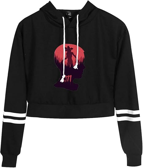 Stranger Things Pullover Women S Teenager Girls Upside Down Crop Hoodie Women Eleven Dustin Stripes Hooded Sweatshirt Striped Jumper Short Crop Tops Amazon De Bekleidung