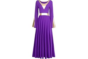 IMEKIS Women Metallic Color Block Liturgical Praise Dance Dress Bell Long Sleeve Lyrical Dancewear Gowns Worship Costume