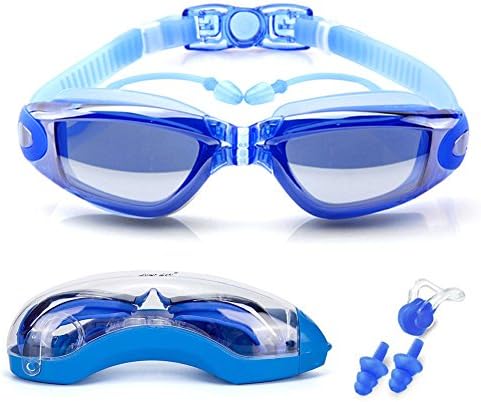Swimming Goggles for Kids Women Men, Professional Big Frame Adult Swim Goggles With Nose Cover Ear Plugs, UV 400 Prescription Anti Fog With HD Shortsighted Glasses (Blue)