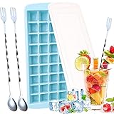 Ice Cube Trays with Lid, with 2 Stainless Steel Mixing Spoon, for 36 Square Cubes Flexible Easy Release Freezer Molds Blue By GESCHOK