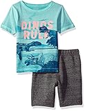 The Children's Place Baby Big Boys' Screen Tee and Shorts Set, Mellow Aqua / Black, 2T