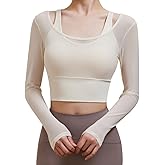 Harssidanzar Women's 2 in 1 Yoga Long Sleeve Mesh Gym Athletic Tops Workout Shirts with Medium Support Sports Bra CL301US